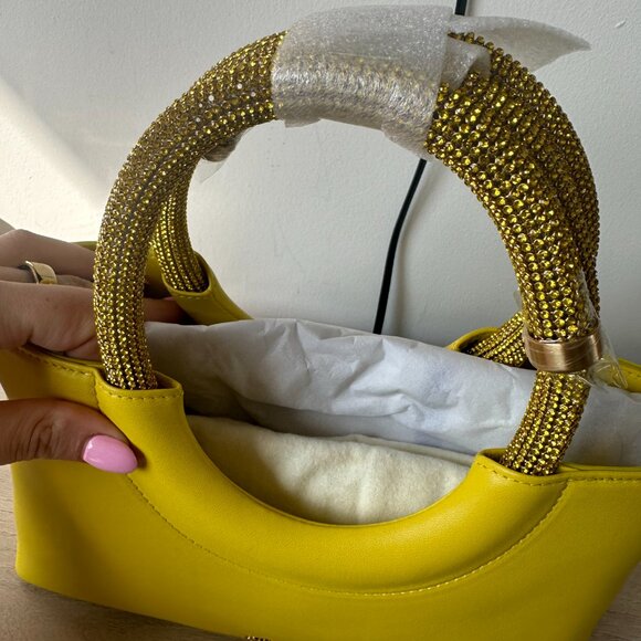 NWT Cult Gaia Nika Crystal Embellished Top Handle Bag In Yellow Leather - Picture 11 of 15
